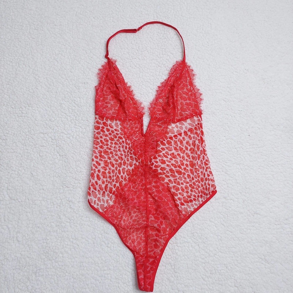 Victorias Secret Lingerie Bodysuit Size XS V Teddy Halter Thong Red Lace Lips